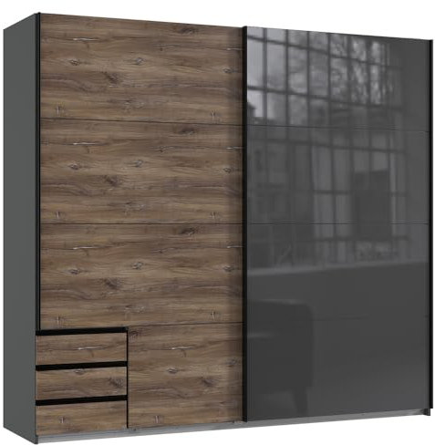 Lomadox Kleiderschrank Schwebetürenschrank 225cm mit Schubkästen, Graphit und Eiche