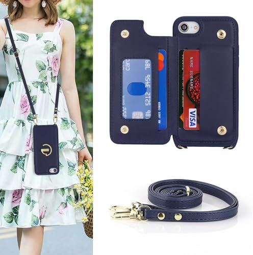 SailorTech iPhone 7/8/SE2/SE3 Case with Credit Card Holder, iPhone 7/8/SE 2020 Phone Leather Case Ring Stand with Kickstand Strap Card Slots Wallet Crossbody for iPhone 7/8/SE 2022 - Navy Blue