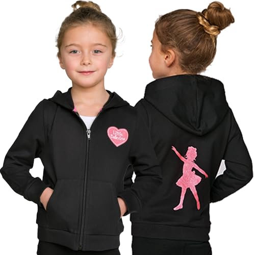 Little Ballerina Zip Hoodie - Zip Up Hooded Sweatshirt - Long Sleeve Cotton Hoodie - Zipper Top for Girls Casual Fashion for Children - Black - 5/6 years