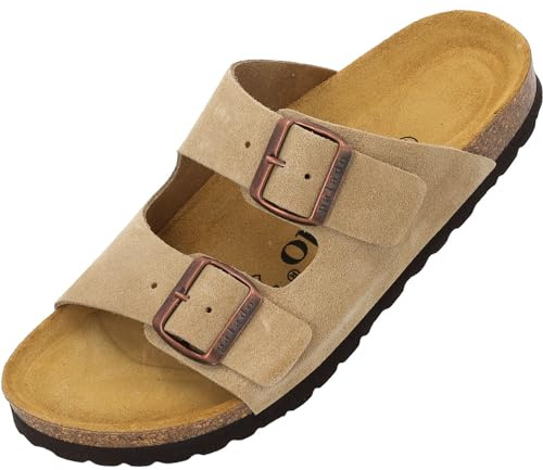 Palado Pantoletten Damen Korfu Velours Premium Leather - bequeme Sandalen Made in Spain - Hausschuhe mit Kork-Fußbett - modische Sommerschuhe Beige UK8 - EU41