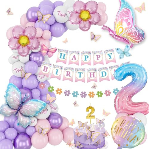 Geburtstagsdeko 2 Jahre Mädchen, Rosa Lila Geburtstag Ballons, Geburtstagsdeko Mädchen, Set Mit Schmetterling Folienballons, Alles Gute Zum Geburtstag Banner, Luftballon 2, Schmetterling Aufkleber