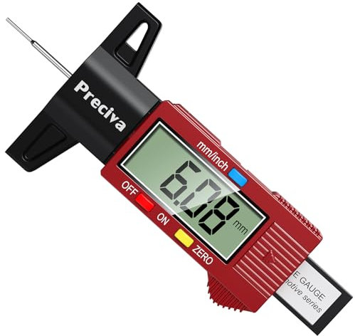 Preciva Reifen Profiltiefenmesser Reifenprofilmesser Auto Tiefenmesser Motorrad Profilmesser Messchieber LCD Display mit Ersatzbatterie, 0-25 mm (rot)