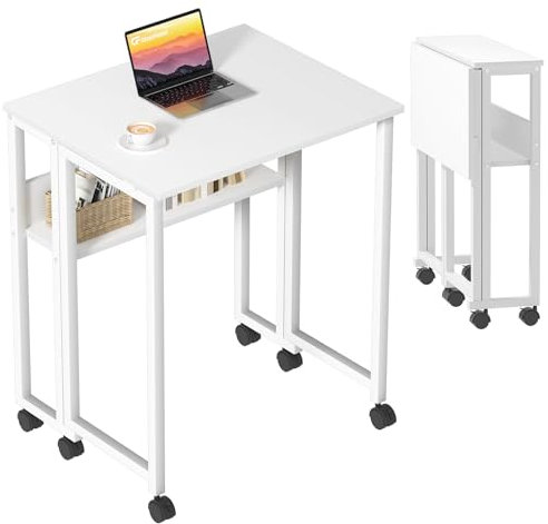 GreenForest Kleiner Schreibtisch Klappbar, 63 cm Klappschreibtisch mit Rollen, Einfache Montage Klappbarer Schreibtisch mit Stauraum, Home Office Klapptisch, Weiß