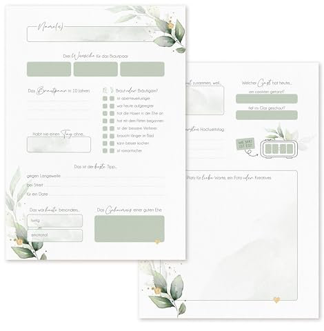 Generisch Gästebuchkarten für Hochzeit, 25er Set in DIN A5 (14,8x21cm), Hochzeitsspiel mit Fragen zum ausfüllen im Eukalyptus Greenery Stil, Gästekarten als Gästebuch Alternative, GK069