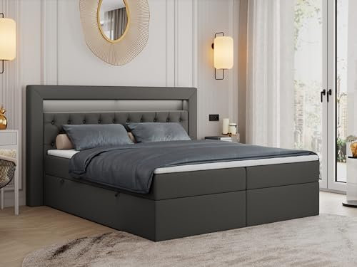 MKS MEBLE Boxspringbett 160x200 mit Led Grau Kunstleder, Bett 160x200 mit LED Kopfteil, Multipocket Matratze H3, Doppelbett mit Bettkasten Stauraumbett - Gold-6 - Dunkelgrau Kunstleder