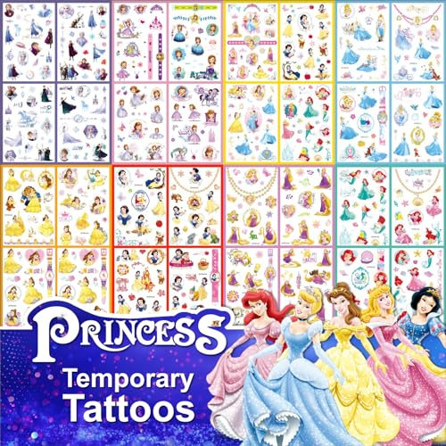 Prinzessin Temporäre Tattoos für Kinder, 40 Blatt Prinzessin Tattoos Temporär für Mädchen Wasserdicht Cartoon Kinder Tattoos Sticker Frozen Tattoos Aufkleber für Party Mädchen