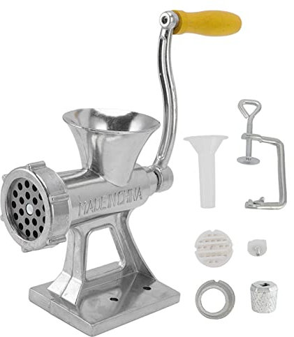 Manual Meat Grinder in Sleek Silver: Compact and Easy to Use Home Kitchen Meat Mincer with Ergonomic Handle Tool for Home Cooks Kitchen Restaurants Butcher Shops