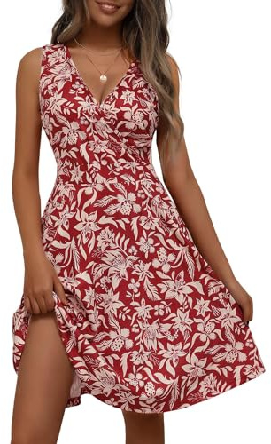 LIAMERHE Robe Femme Sans Manches Col V Élégante D'été 2024 A-Line Casual Plage Rouge S