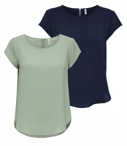 ONLY Women's Onlvic SS AOP Noos PTM Top, T-Shirt Blouse, Blouse Shirt, T-Shirt for Women, Women's Shirt, Chic Women's Top, Pack of 2 (1 x Desert Sage/1 x Navy Blazer), 44 (EU) / 16 (UK)