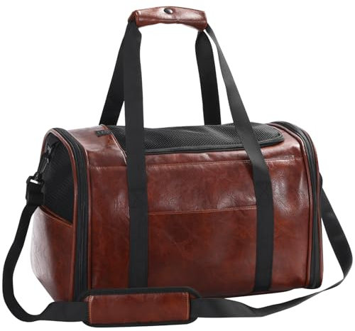 Lasaviin Modische Hundetragetasche aus Leder, von Fluggesellschaften zugelassen, für kleine, mittelgroße Hunde, Katzen unter 6,8 kg, zusammenklappbar, weiche Seiten, Reise-Welpentasche, Kaffee