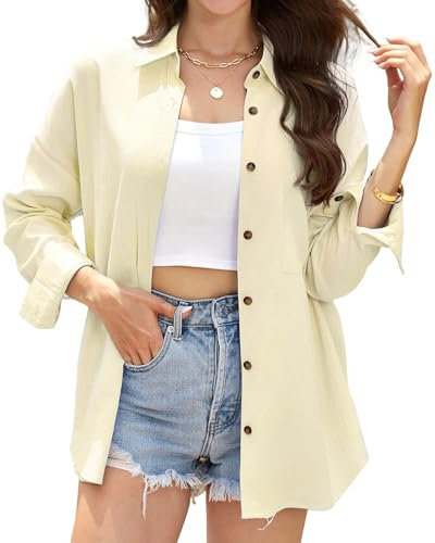 Stamain Women's Beige Blouse Cotton Long Sleeve Shirt for Women UK Button Up Blouses Ladies Oversized Shirts Casual Work Tops for Summer Autumn S
