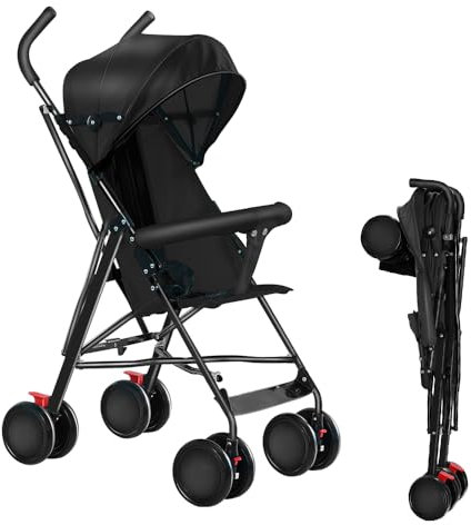 Kinderbuggy, Kinderwagen Zusammenklappbar, Reise-Kinderwagen mit Wattepads und Moskitonetzen (Schwarz)