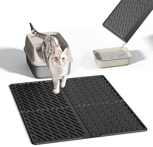 Pieviev Katzenklo Matte, 79×61cm Katzenstreu Matte vor Katzentoilette, Wasserdichte Katzenklo Unterleger zum Auffangen von Katzenstreu, Leichte EVA Katzenmatte in Schwarz