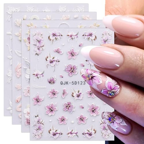 JMEOWIO 3D Nagelsticker Blumen Nail Art Sticker Selbstklebend Nagelaufkleber 5D Stereoskopisch Frühling Sommer Dekoration Nageldesign Zubehör 4 Blatt