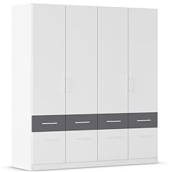 Rauch Möbel Dundee, Kleiderschrank, Schrank, Garderobe, Organizer, 4-türig, 8 Schubladen, Farbe Weiß/Grau metallic, Schwarz, Stangengriff Weiß, 181x197x54cm