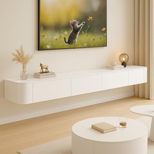 Ribanedy Modern Floating TV Unit | Wall-Mounted Entertainment Media Console | Large Storage TV Bench for Living Room & Office (White, 160cm)