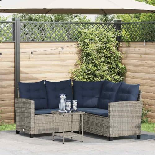IKAYAA Polyrattan Lounge, Balkon Lounge, Ecklounge mit Tisch, Ecksofa Lounge Möbel, Balkonmöbel, Sofagarnitur Balkon, Gartenmöbel Set inkl.Sitz- und Rückenkissen - Grau und Blau