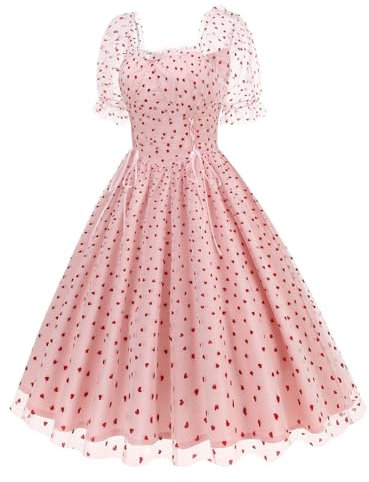 Lazzboy Cocktailkleider Für Damen Kurzarm Festlich Kleid Hochzeitsgast Prinzessin Mit Herz-Druck Figurbetontes Abendkleid Vintage Elegant Taille Freizeitkleider Abschlussball (Rosa,S)