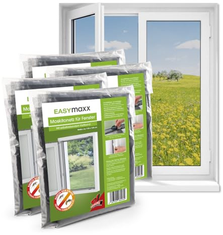 EASYmaxx Zanzariera per finestre con Cinghia con gancio e anello | Zanzariera tagliabile fino a 110 x 130 cm | Facile installazione - senza forare e avvitare | Cinghia gancio autoadesivo [4 Pezzi]