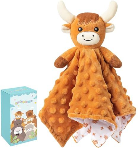 Highland Cow Baby Comforters Blanket Plush Cuddly Toy Comforter Cuddle Blanket Animal Snuggle Toy Comforters Infant Gift for Mom, Cow Toys Loveys Newborn Soft Touch Toddler Boys Girls Plush