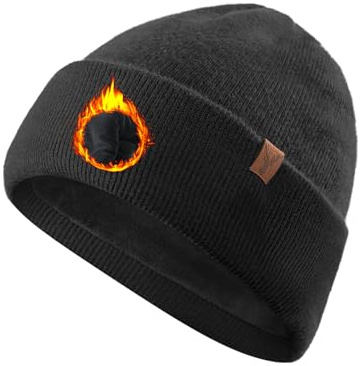 Gorro Invierno Hombre de Lana Merino: Clásico Gorras de Punto con Dobladillo para Hombre y Mujer, Forrado Suave y Cálido Ideal para Moda Correr Senderismo Esquí Deportes al Aire Libre - Negro