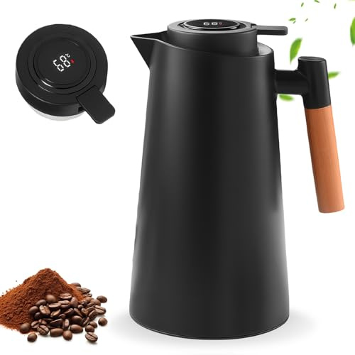 Termo de 1 litro: cafetera térmica con indicador de temperatura, inserto de vidrio doble termo de acero inoxidable, aislamiento al vacío de doble pared, para oficina y hogar, negro