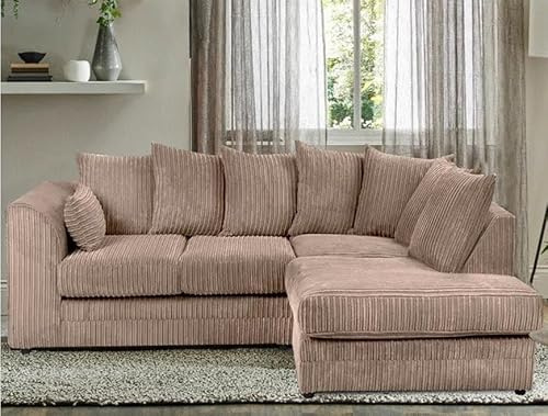 DBZ BEDS Chicago Right Hand Corner Sofa in Jumbo Cord Fabric – Contemporary L-Shaped Sofa with Chaise – Comfortable Corner Sofa for Modern Homes – Handmade in the UK (Coffee)