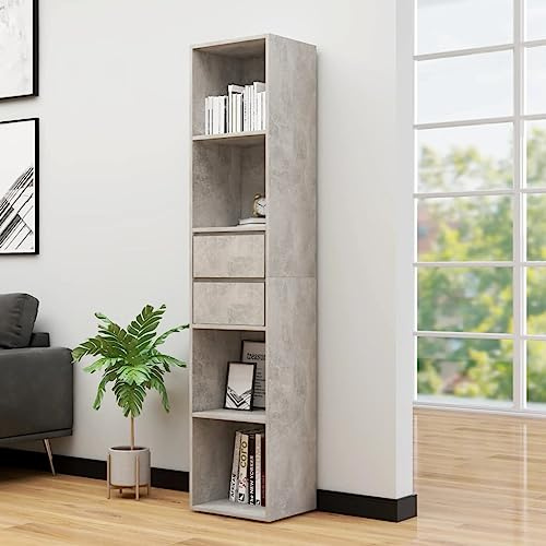 Qnhdfrt Concrete Grey Bookcase 36x30x171 cm, Engineered Wood, 4 Shelves 2 Drawers, Storage Cabinet for Living Room/Bedroom/Office