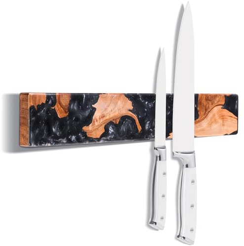 ENOKING Magnetische Messerleiste 40cm, Magnet Messerhalter aus Akazienholz & Schwarzem Resin, Magnetischer Messerhalter Wand mit Starker Magnetkraft, Messerleiste Wandmontage mit Kleben oder Bohren