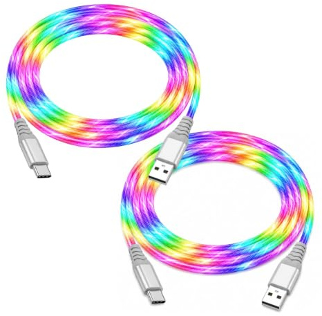 Ignara 2Pcs LED Glow USB-A to USB-C Charging Cable 2M USB C Charger Cable 5V 2A RGB Luminous Light-Up Type C Fast Charging Lead Braided for Smartphones Tablets Gaming Consoles (Multicolour)