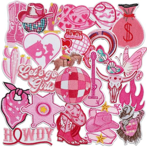 25Pcs Western Iron On Patches Pink Cowgirl Embroidered Patches Sew on Applique Patches Girly Trucker Hat Patches for Clothes Jeans Jackets Hats Backpacks DIY Accessories