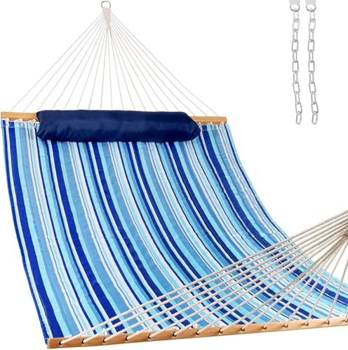 LazyDaze Hängematten-Hängematte, gesteppter Stoff mit Kissen für zwei Personen, Doppelgröße, Spreizstange, strapazierfähig, stilvoll, blau gestreift
