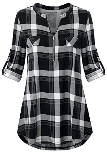 Odosalii Womens Zip Up Plaid Tunic Blouse Rolled Up Sleeve Polo Top Check Shirts, 1black, L