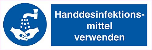 INDIGOS UG - Aufkleber - Sicherheit - Warnung - 5-Set Handdesinfektionsmittel verwenden - 150mm x 50mm - Hotel, Firma, Schutz, Kita, Arzt, Praxis