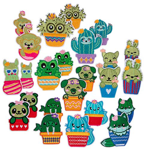 Iron On Cactus Animal Patches 24 Pack - Cute 2-2.5 Kawaii Fabric Decorations for Clothing & Accessories - DIY Sewing Patch Craft Kit for Kids & Adults - Great for Easter Basket Stuffers & Egg Fillers