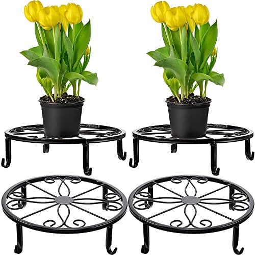 4 Pieces Metal Potted Plant Stand Round Iron Floor Flower Supports Holder Decorative Garden Pots Containers Stand for Home Garden Patio Planting Support(Black)