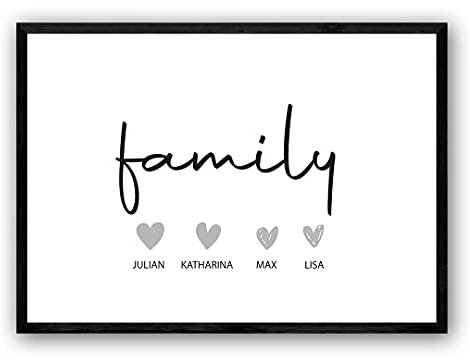 Personalisiertes Geschenke Familie Poster mit Herz — Typographie Wandbild Querformat in Minimalistisches Design — Familienbild für Kinderzimmer, Wanddeko oder Wohnzimmer — Größe und Rahmen Optional