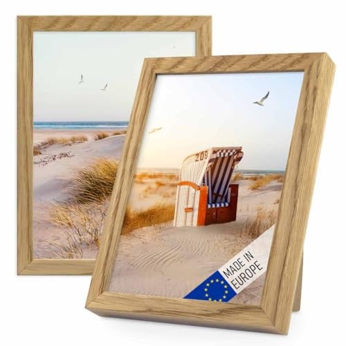 PHOTOLINI Cadre photo 15 x 20 cm en bois véritable chêne, fabriqué en UE, lot de 2, verre acrylique incassable, à suspendre & à poser, avec accessoires - pour vos photos préférées