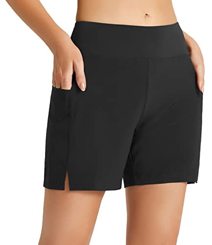 baleaf Damen Badeshorts Bauchkontrolle Schwimmshorts Schnell Trocknend Hohe Taille Boardshorts Schwimmunterteil UPF50+ mit Taschen Schwarz L