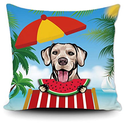 Süße Sommerzeit Wassermelone Hund Wurfkissenbezug Rhodesian Ridgeback Niedlich Hund Palme Strand Lustige Leinwand Kissenbezug Kissen Quadratische Kissenbezüge für Couch 40,6 x 40,6 cm