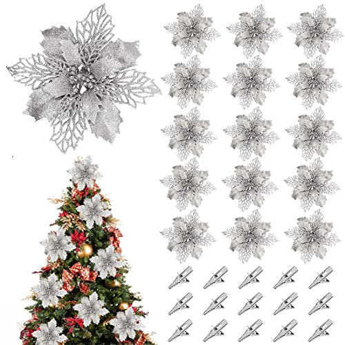 SUNCHE 15 Piezas Poinsettia De Brillo Navideño, Poinsettia Purpurina Adorno de Árbol de Navidad, Flores Falsas con Purpurina Adornos Navideños, Florales para Decoración de Navidad Boda Partido, Plata