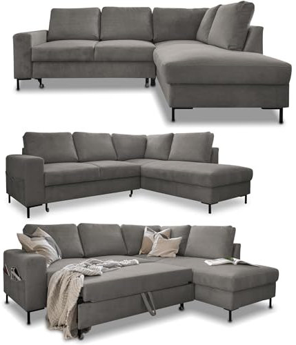 MIUFORM Ecksofa mit Schlaffunktion, Lofty Lilly Wohnlandschaft L-Form, Couch L Form Wohnladschaft mit Schlaffunktion Schlafcouch, Sofa Cord Metallfüße (Hellgrau, Rechts ausgerichtet)