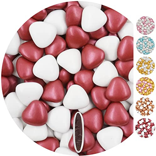 EinsSein 1kg Schokoherzen Dragees Mix medium weiss-bordeaux pearl Gastgeschenke Hochzeit, Taufe, Kommunion, Kindergeburtstag | Schokodragees, Dragees in Herzform bzw. Schokolinsen als Ersatz für