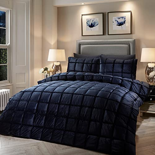 Soiree Square Velvet Duvet Cover Set Double 200 x 200cm – Navy Blue Box‑Stitched Velvet Bedding, Soft Touch Polyester, Includes 2 Pillowcases