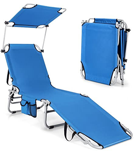 COSTWAY Lettino Prendisole con Parasole, Sedia a Sdraio Pieghevole da Giardino con Schienale Reclinabile, per Spiaggia Patio Piscina (blu)