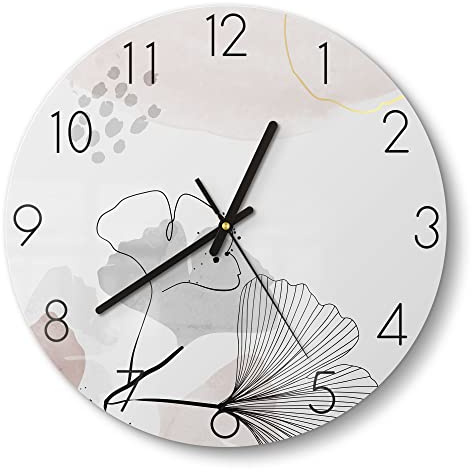 DEQORI Glasuhr | rund Ø 30 cm | Motiv Dekorativer Gingko-Banner | ausgefallene leise Design Uhr aus Glas | Wanduhr für Wohnzimmer & Küche | moderne Hingucker Uhr für die Wand