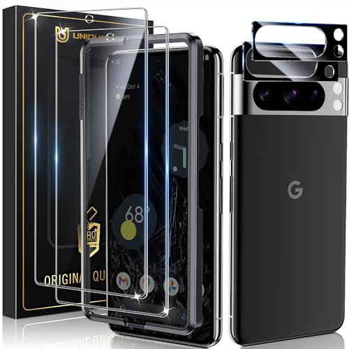 UniqueMe 4 Piezas Protector de Pantalla para Google Pixel 8 Pro Cristal Templado, 2 Piezas Vidrio Templado y 2 Piezas Protector Camara, Anticaída, Anti-Arañazos, Ultra HD,Antihuellas