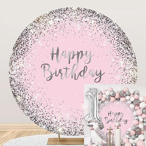 MIRRORANG Diamètre 2m Joyeux Anniversaire Toile de Fond Ronde Argent Paillettes Points Fond Rose pour la Photographie fête d'anniversaire bébé Douche décoration photomaton Accessoires, Polyester