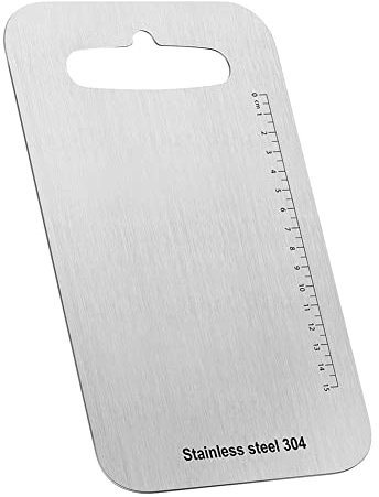 Tabla de cortar de acero inoxidable 304, tabla de cortar para camping con orificio de agarre, tabla de picar con escala, tabla de cocina antibacteriana, fácil de limpiar, para barbacoas