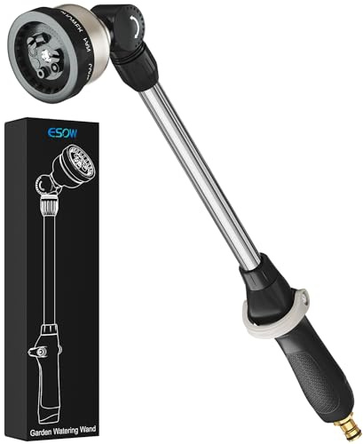 ESOW Garden Hose Wand 16 Inches, Watering Sprayer Wand with 9 Watering Patterns, 180° Adjustable Swivel Head, 100% Heavy Duty Metal Hose Nozzle, Thumb Control On Off Valve
